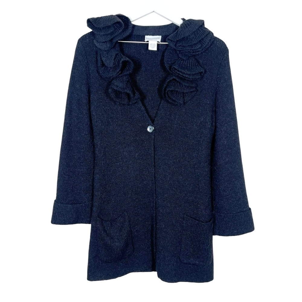 Soft Surroundings Womens Alpaca Wool Blend Ruffle Neck Cardigan Sweater Black